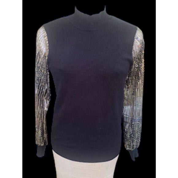 Tahari Sheer Sequin Sleeve Mock Neck Top Sz L Holidays, New Years Eve - Picture 2 of 10